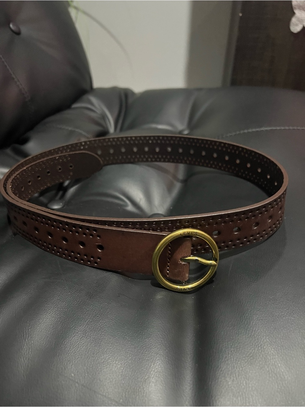 Levi's Brown Leather Perforated Belt with Round Brass Buckle